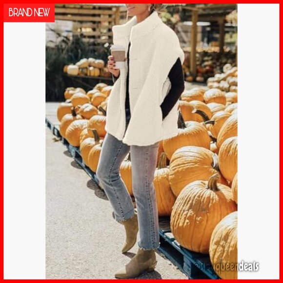 Oversized Fleece Sherpa Vest with Pockets, Button Down, Thigh Length - Picture 2 of 7